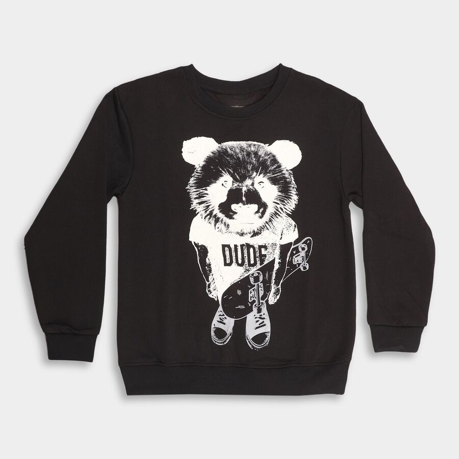 Boys Jet Black Crew Neck Graphic Sweatshirt, Black, large image number null
