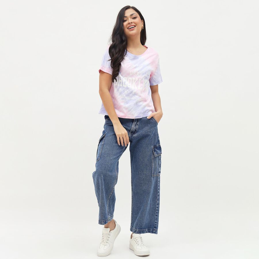 Women's Pastel Pink and Lavender Cotton Round Neck Casual T-Shirt, Lilac, large image number null