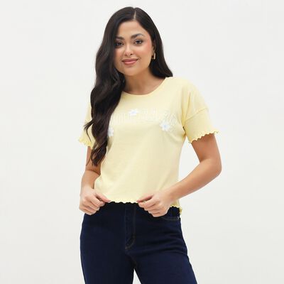 Women's Soft Yellow Cotton Round Neck Casual T-Shirt