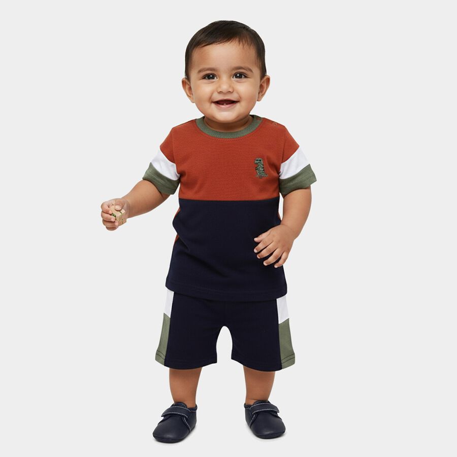 Infants' Navy Blue Cotton Round Neck Colorblock Baba Suit, Navy Blue, large