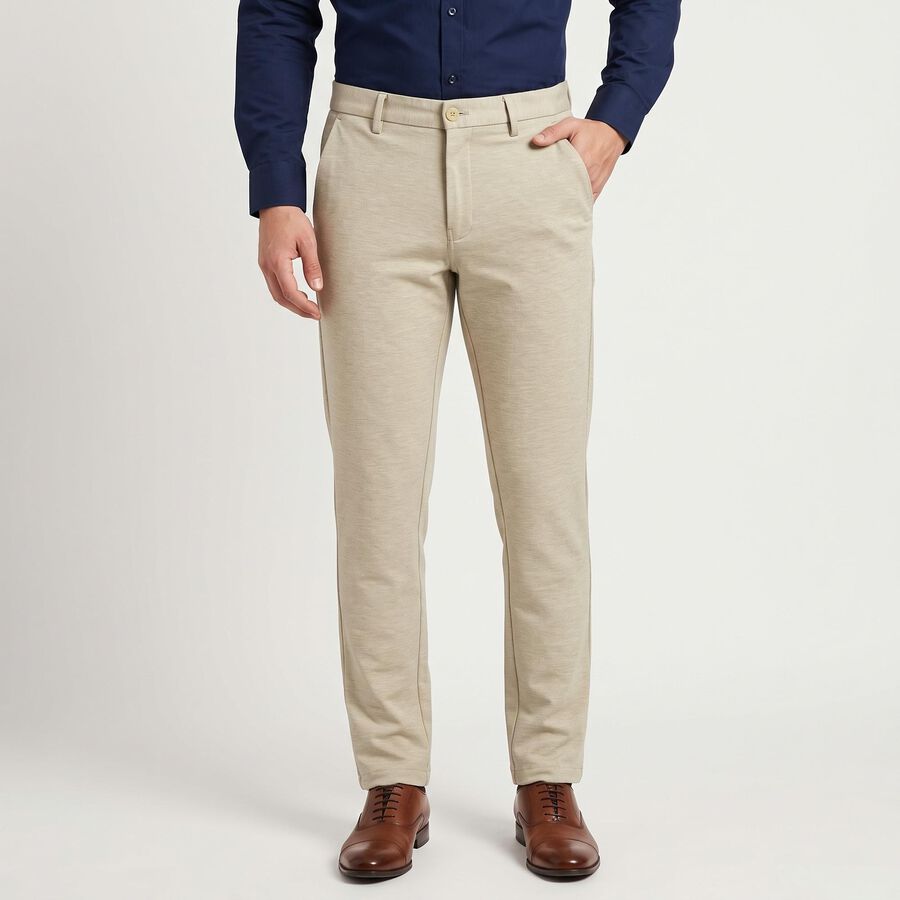 Men's Beige Slim Fit Flat-Front Casual Trousers, गहरा पीला, large