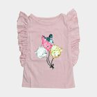 Girls' Pink Cotton Round Neck Romantic Ruffle Sleeve T-Shirt, हल्का गुलाबी, small