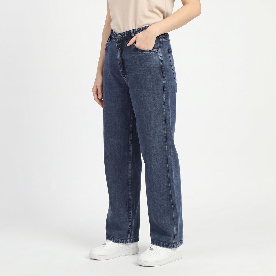 Women's Navy Blue Wide Leg Washed Jeans, गहरा नीला, large