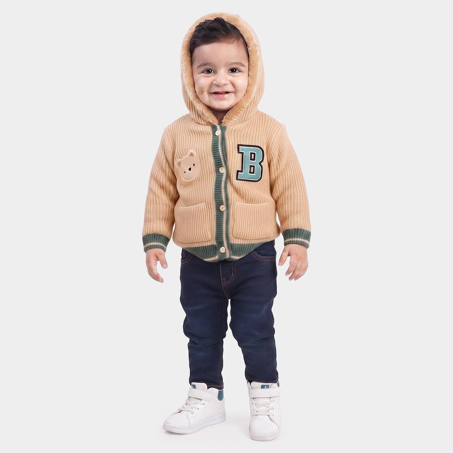 Infants Beige Hoodie Neck Knitted Design Pullover, गहरा पीला, large