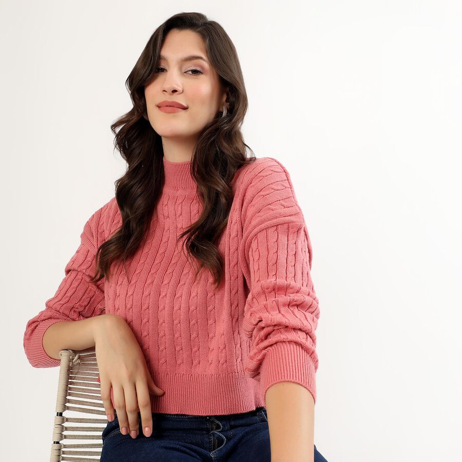 Women's Dusty Pink High Neck Cropped Pullover, गुलाबी, large image number null