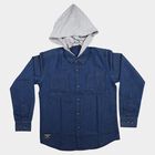 Boys Navy Blue Hooded Casual Shirt, Mid Blue, small