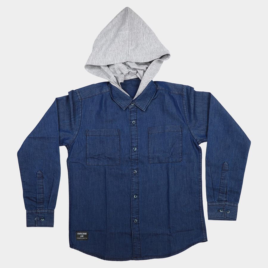 Boys Navy Blue Hooded Casual Shirt, Mid Blue, large