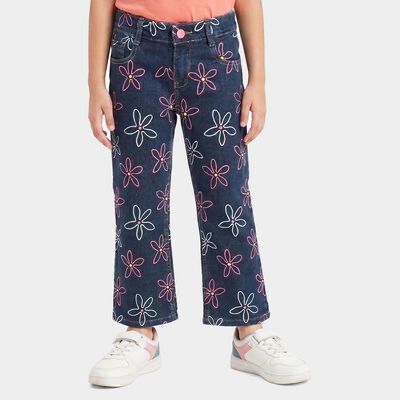 Girls' Navy Blue Straight Fit Printed Jeans