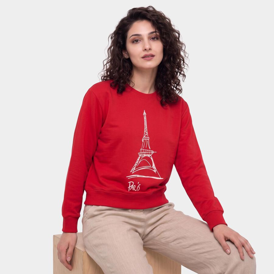 Women's Fuchsia Crew Neck Pullover Sweatshirt, रानी (फ्यूशिया), large