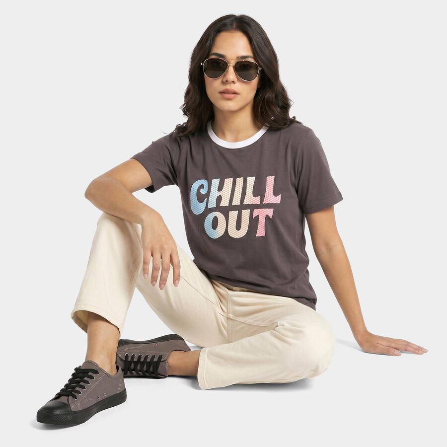 Women's Charcoal Round Neck Regular T-Shirt, Dark Grey, large