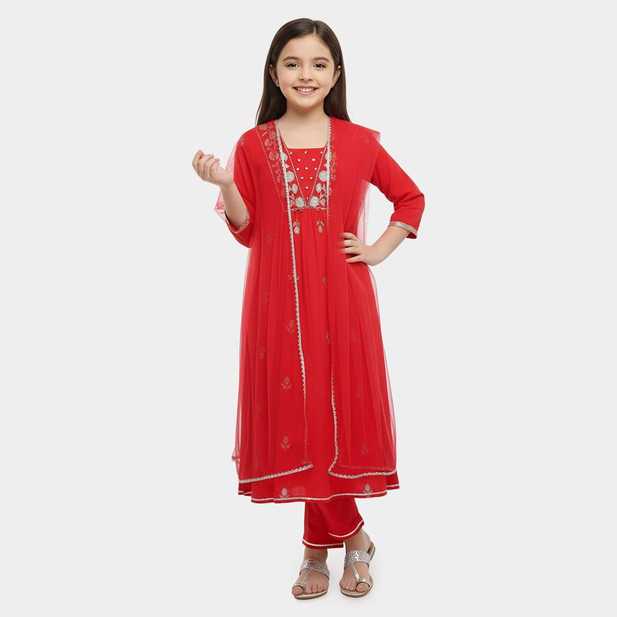 Girls' Fuchsia Square Neck Embroidered Peplum Top and Tiered Skirt Fusion Set, रानी (फ्यूशिया), large