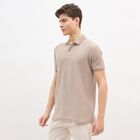 Men's Beige Polo Neck Casual T-Shirt, Beige, small