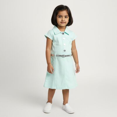 Girls' Mint Green Collared A-Line Frock