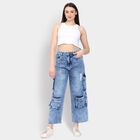 Ladies' 100% Cotton Jeans, मध्यम नीला, small