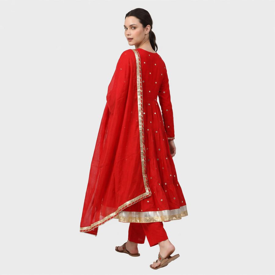 Women's Red Cotton Round Neck Embellished Flared Kurta, Red, large