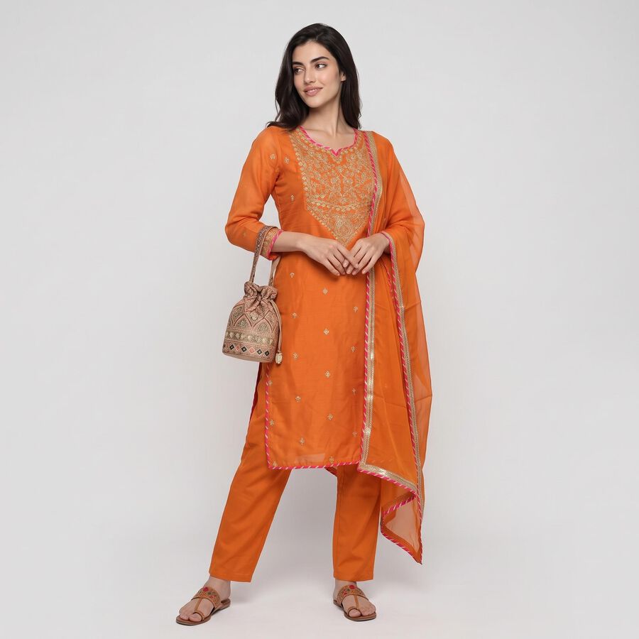 Women's Rust Notch Neck Embroidered Ethnic Set, Rust, large