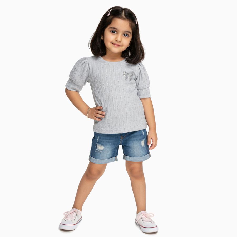 Girls Light Grey Round Neck Puff Sleeve T-Shirt, Light Blue, large