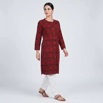 Women's Maroon Cotton Round Neck Printed Straight Kurta