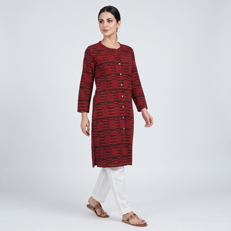 Women's Maroon Cotton Round Neck Printed Straight Kurta, Maroon, large