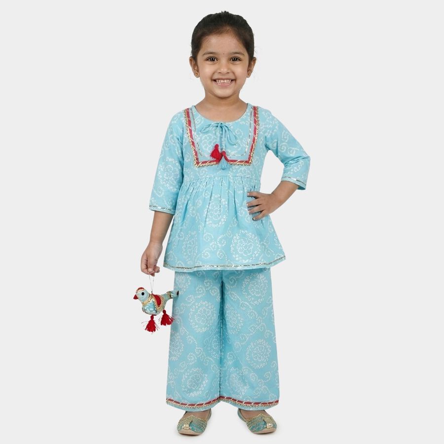 Girls' Sky Blue Round Neck Bandhani Print Peplum Top and Palazzo Fusion Set, हल्का नीला, large
