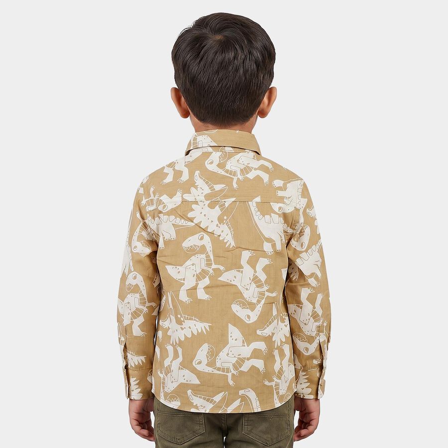 Boys Beige Cotton Printed Regular Fit Shirt, Beige, large