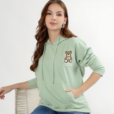 Women's Light Sage Green Hooded Neck Casual Sweatshirt