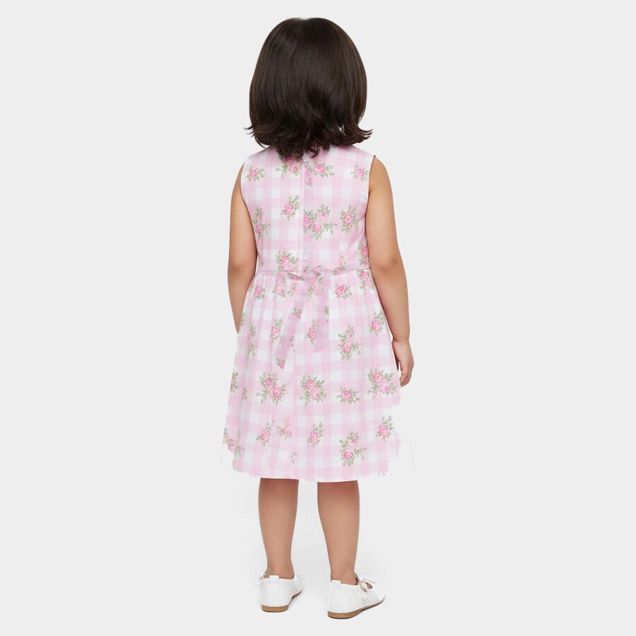 Girls' Pink Floral Printed Ruffled Sleeveless Frock, Light Pink, large