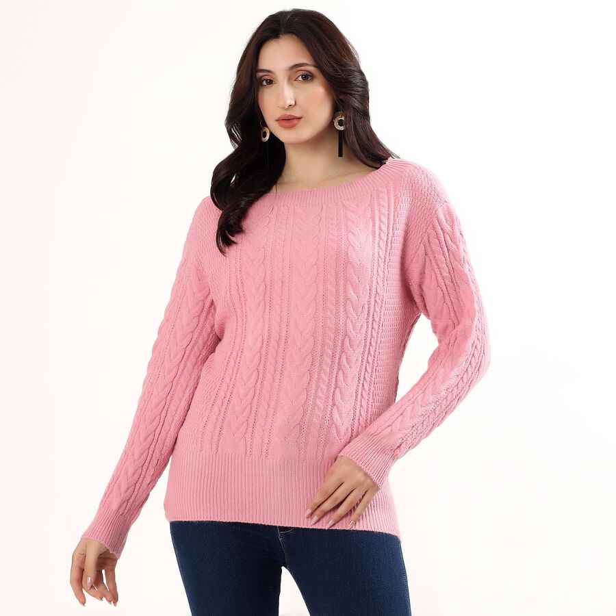 Women's Soft Pink Round Neck Casual Pullover, गुलाबी, large image number null