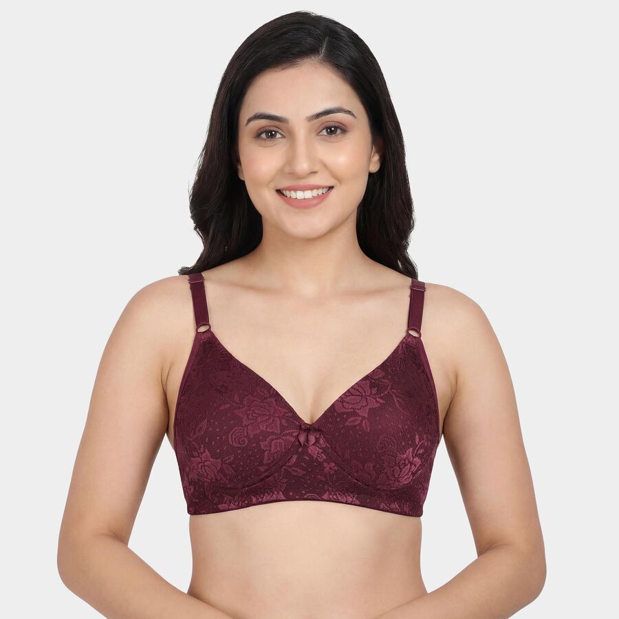 Women's Wine V-Neck Wireless Lace Bra, Wine, large