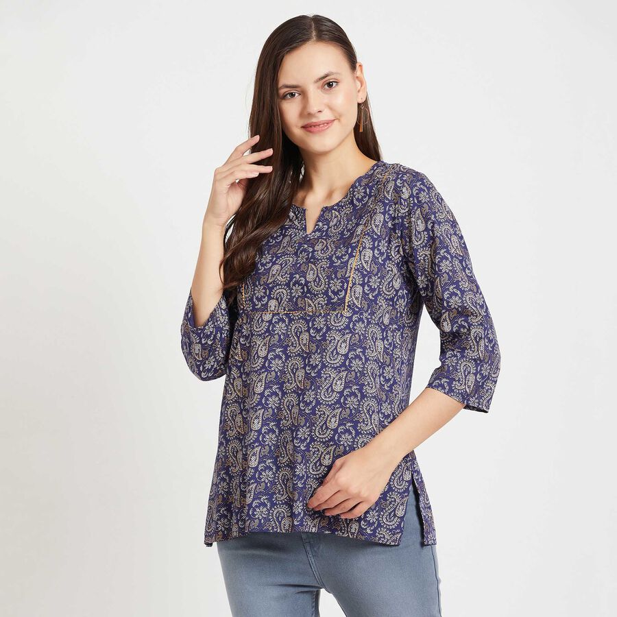 3/4Th Sleeves Straight Kurti, Navy Blue, large image number null