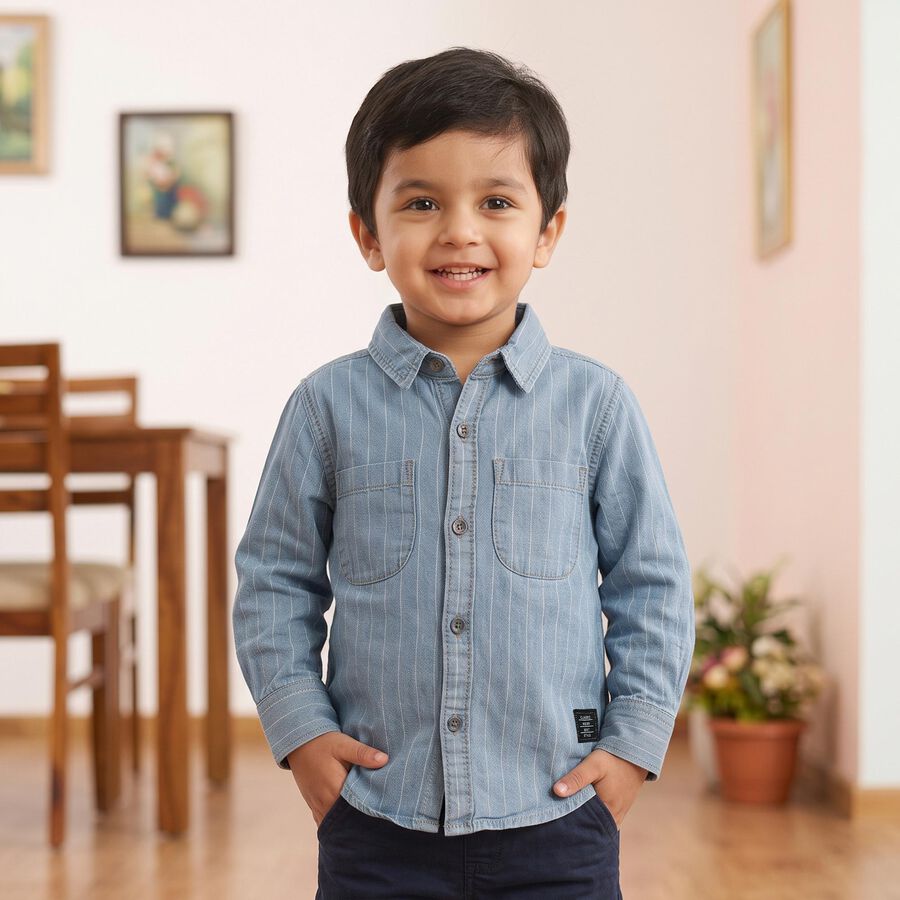 Boys' Light Blue Cotton Spread Collar Casual Shirt, मध्यम नीला, large