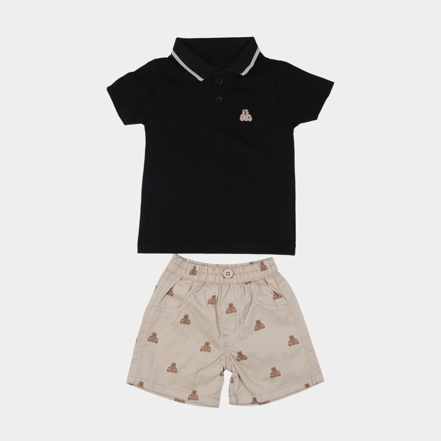 Infants' Black Cotton Polo Neck Embroidered Baba Suit, Black, large