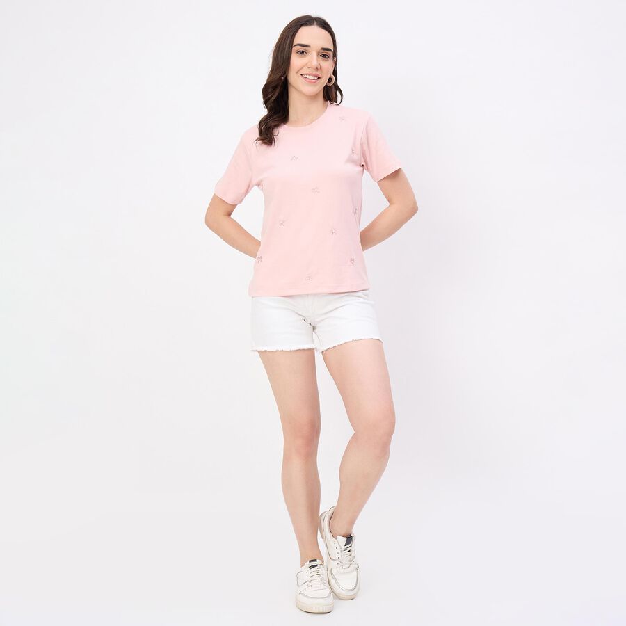 Women's Soft Rose Pink Round Neck Casual T-Shirt, Pink, large