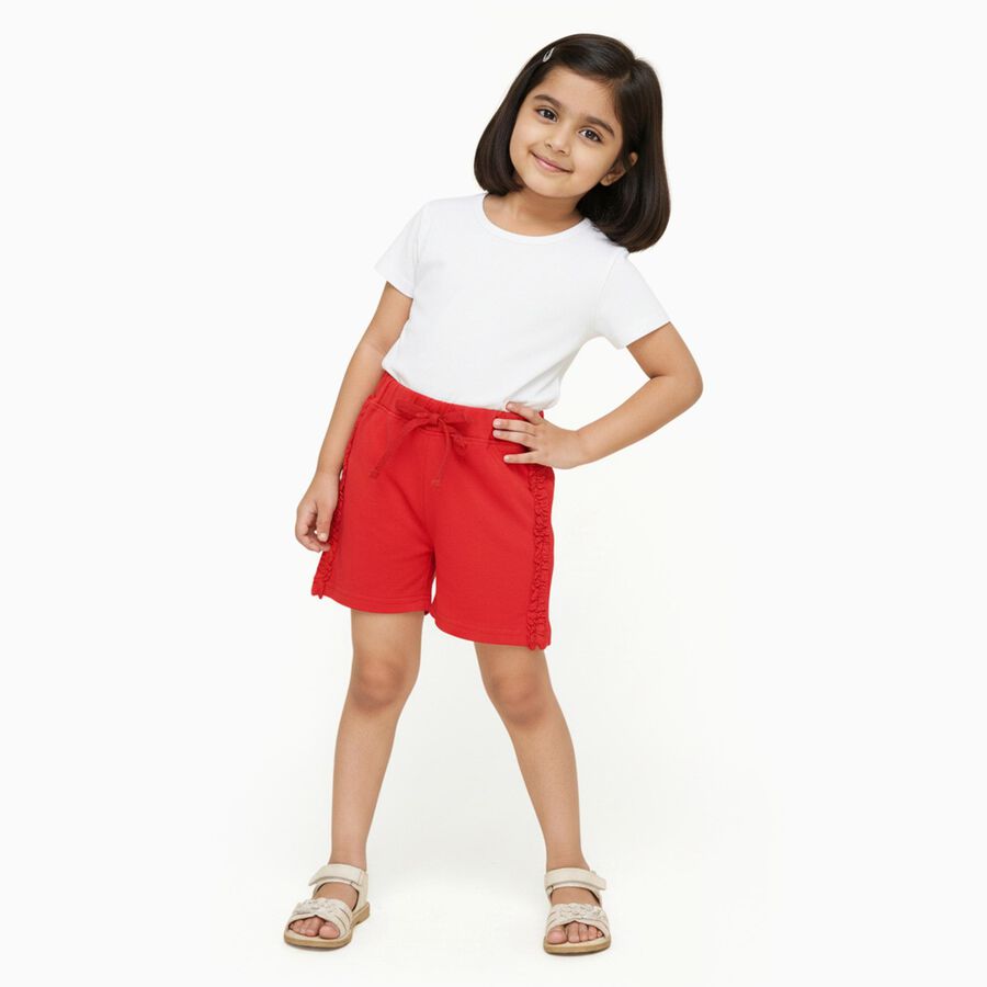 Girls' Bright Red Ruffle Hem Cotton Blend Shorts, Coral, large image number null