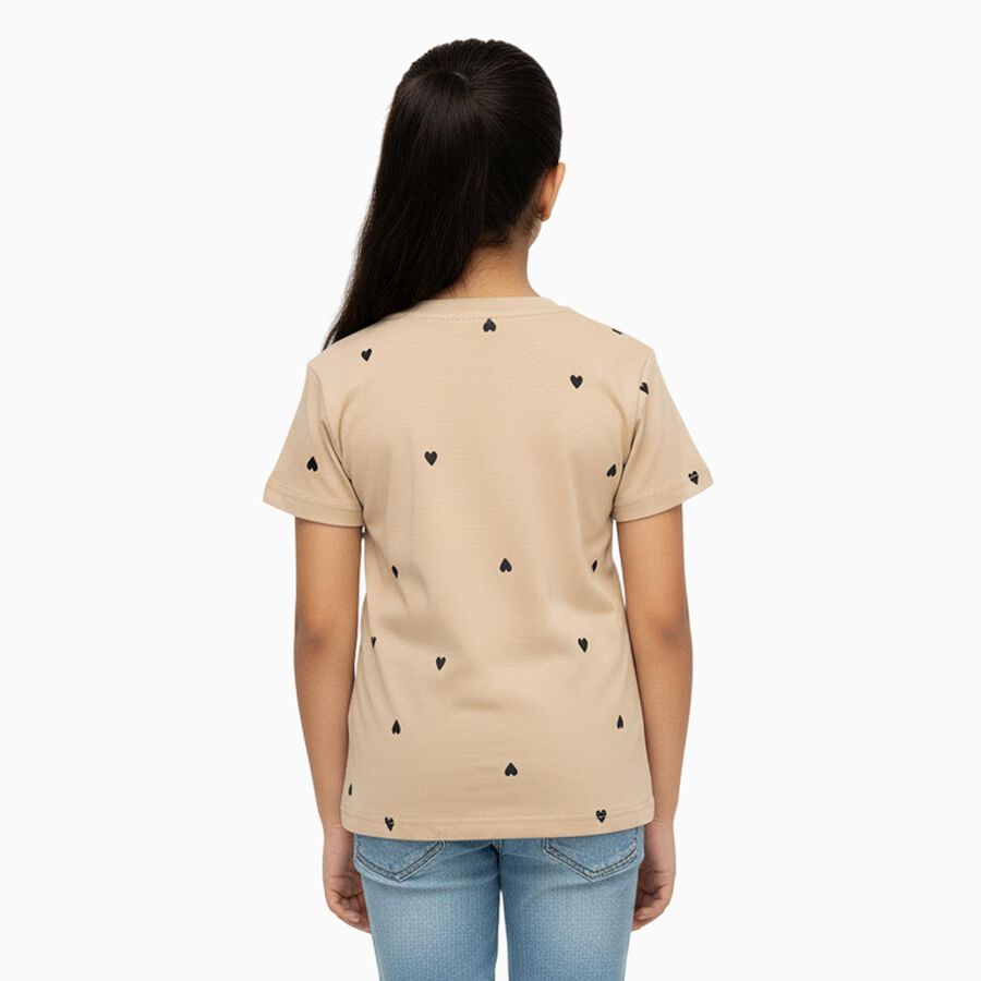 Girls Light Beige Round Neck Casual T-Shirt, Beige, large