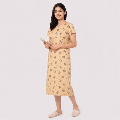 Women Beige Round Neck T-Shirt Style Nighty