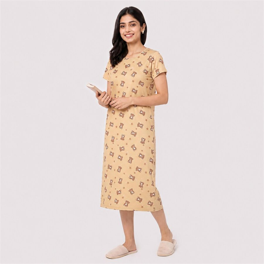 Women Beige Round Neck T-Shirt Style Nighty, Beige, large