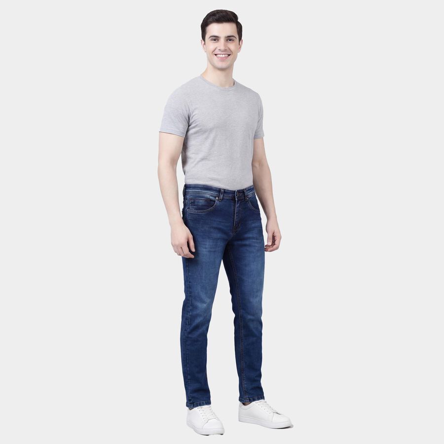 Men's Blue Slim Fit Faded Jeans, Dark Blue, large