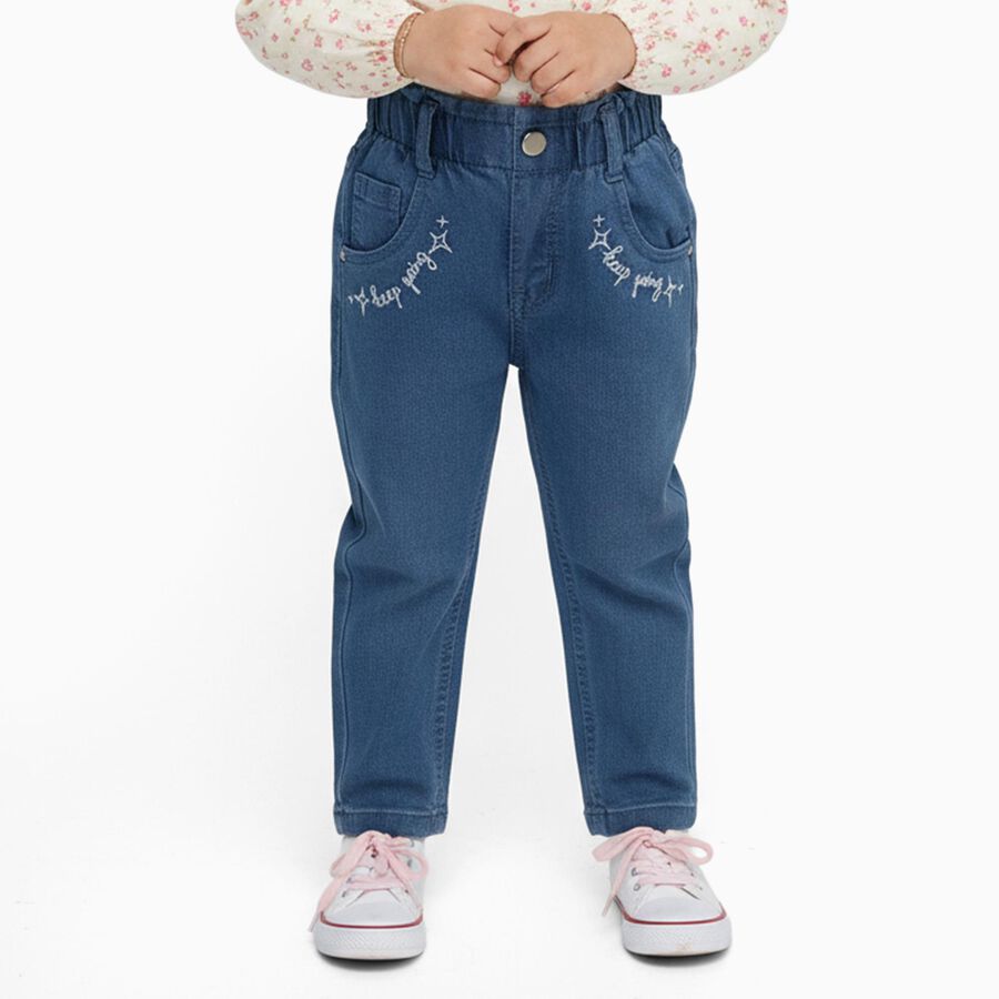 Girls Muted Denim Blue Regular Fit Embroidered Jeans, मध्यम नीला, large