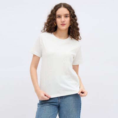 Women's White Round Neck Embellished T-Shirt