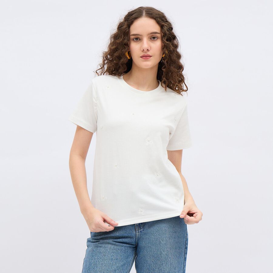 Women's White Round Neck Embellished T-Shirt, सफ़ेद, large image number null