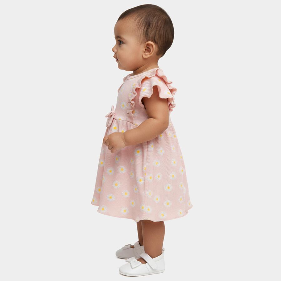 Infants' Pink Regular Fit Daisy Printed Ruffle Sleeve Frock, Light Pink, large