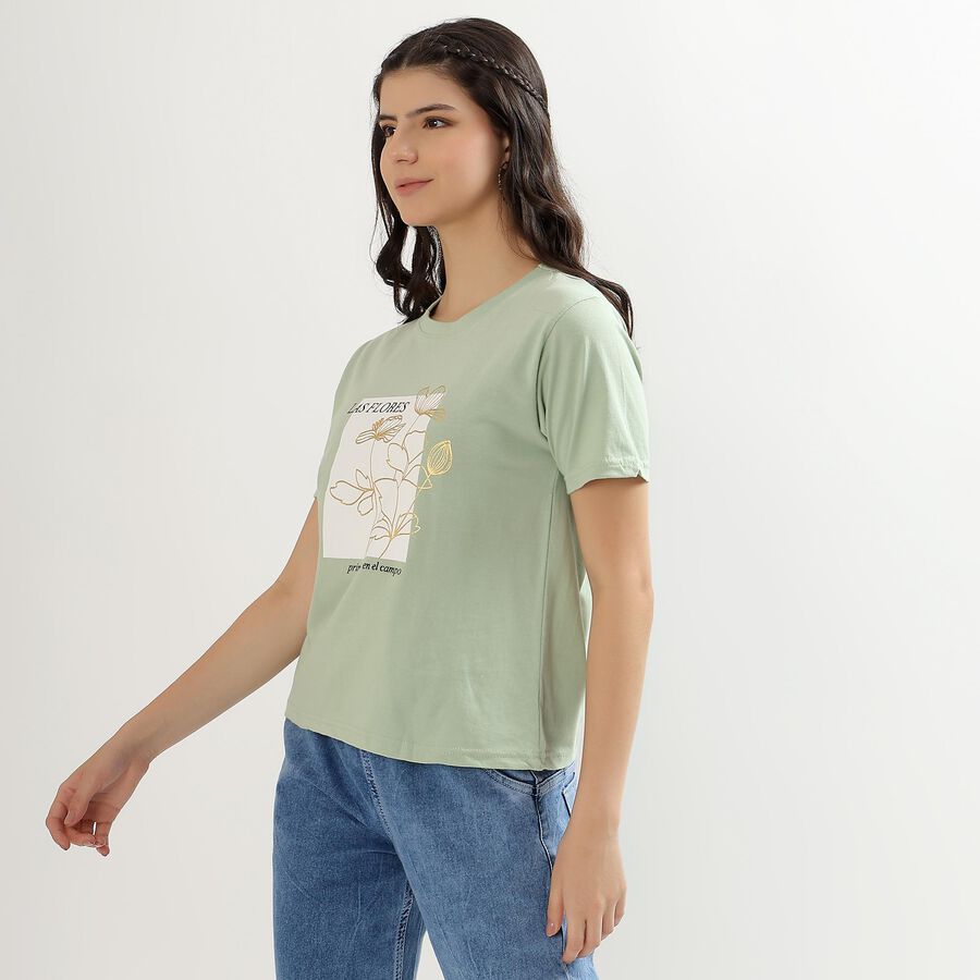 Women's Mint Green Cotton Round Neck T-Shirt, Light Green, large image number null