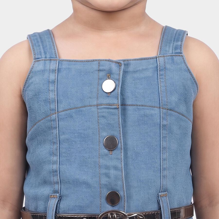 Girls' Blue A-Line Button Front Belted Frock, मध्यम नीला, large