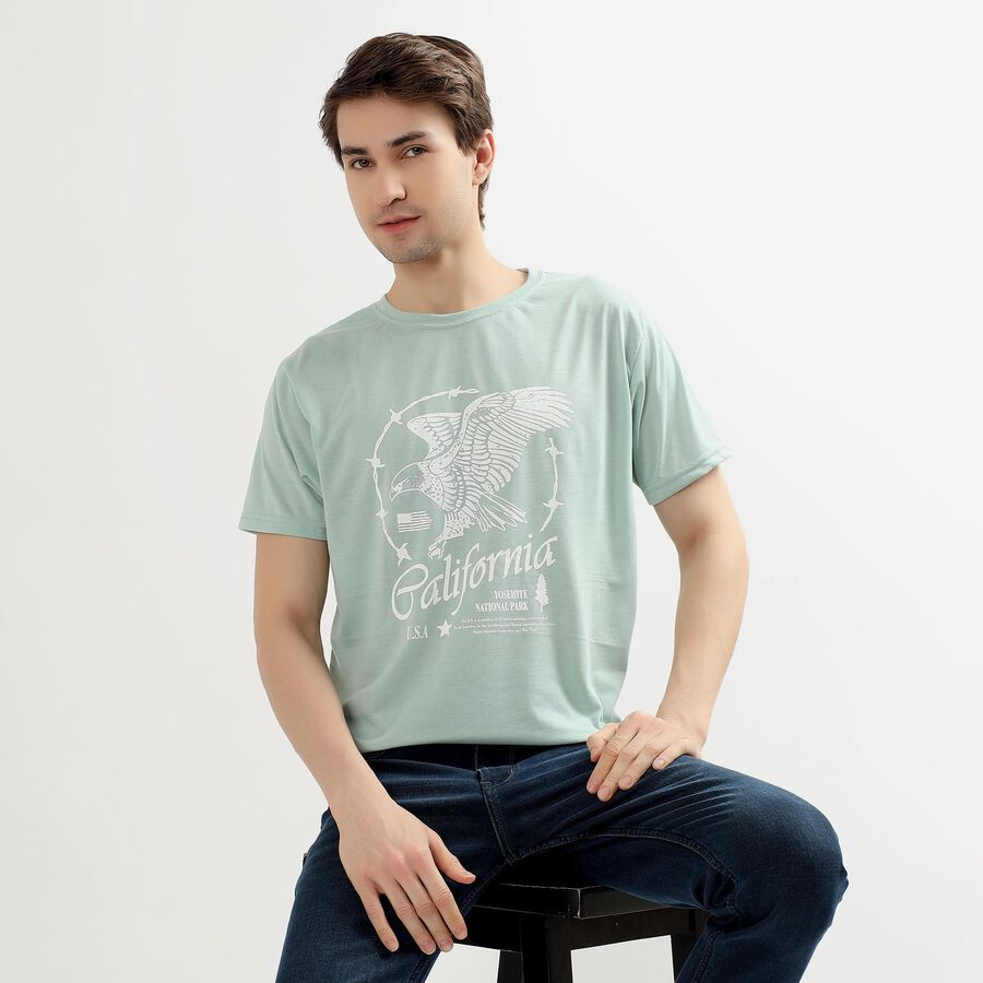 Men's Light Mint Green Round Neck Printed T-Shirt, Aqua, large image number null