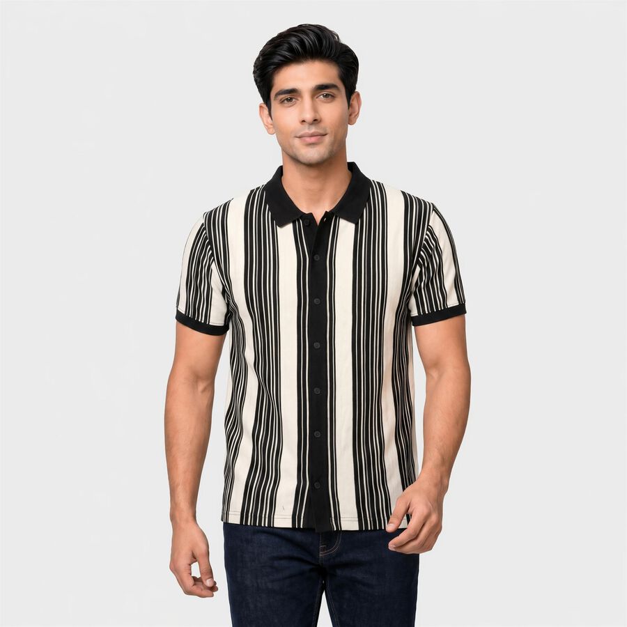 Men's Black Polo Collar Casual Shirt, Black, large