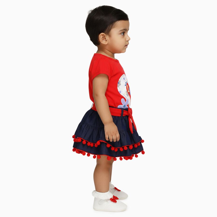 Infants' Bright Red Cotton Puff Sleeve Top and Layered Skirt Set, लाल, large