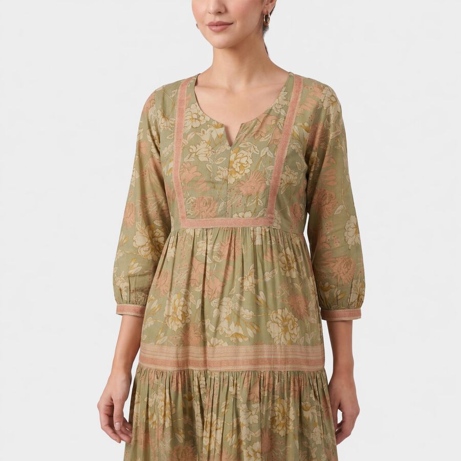 Women's Olive Green V-Neck Floral Printed Kurta, Light Green, large
