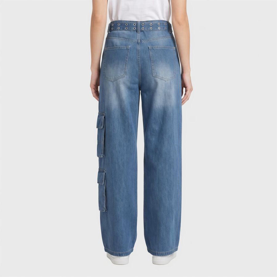 Women's Blue Wide Leg Cargo Jeans, मध्यम नीला, large