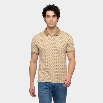 Men's Beige Cotton Polo Neck Printed T-Shirt